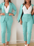 Yooulike Women Solid Open Front Tailored Collar Long Sleeve Blazer And Buttons Long Pants Elegant Fashion Two Piece Sets