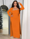 Yooulike Women Spaghetti Straps Dress With Long Sleeve Casual High Stretch Plus Size Cardigan Set Solid Color Two Piece Dress