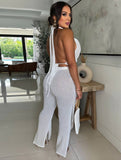 Yooulike Women Solid Color Skinny Tassel Lace Up Halter Neck Backless Sleeveless Loose Clubwear Pant Set