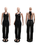 Yooulike Women Solid Color Skinny Tassel Lace Up Halter Neck Backless Sleeveless Loose Clubwear Pant Set