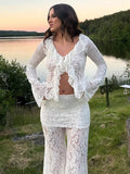 Yooulike Women Lace V Neck Ruffle See Through Bell Sleeve Long Sleeve Clubwear Chic Flared Pant Sets