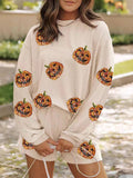 Yooulike Halloween Women Pumpkin Lantern Round Neck Long Sleeve Casual Loose Chic Top and Shorts Set