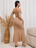 Yooulike Women Two Piece Sweater Skirt Outfits Set Off Shoulder Long Sleeve Ribbed Knit Top Bodycon Maxi Skirt Sets