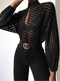 Yooulike Striped Blouse See Through Mesh Front Slit High Neck Lantern Sleeve Long Sleeve Clubwear Fashion Blouse