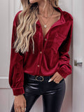 Yooulike Women Solid Color Pleuche Velvet Shirts Single Breasted Pockets Long Sleeve Elegant Casual Chic Comfy Blouse