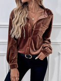 Yooulike Women Solid Color Pleuche Velvet Shirts Single Breasted Pockets Long Sleeve Elegant Casual Chic Comfy Blouse