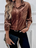 Yooulike Women Solid Color Pleuche Velvet Shirts Single Breasted Pockets Long Sleeve Elegant Casual Chic Comfy Blouse