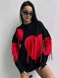 Yooulike Valentine'S Day Women Love Heart Knitwear Round Neck Tassel Long Sleeve Casual Loose Chic Sweaters