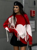 Yooulike Valentine'S Day Women Love Heart Knitwear Round Neck Tassel Long Sleeve Casual Loose Chic Sweaters