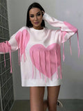 Yooulike Valentine'S Day Women Love Heart Knitwear Round Neck Tassel Long Sleeve Casual Loose Chic Sweaters