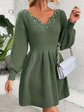 Yooulike Women V-Neck Beaded Decorated Lantern Sleeve Elegant Chic Sweater Dress