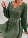 Yooulike Women V-Neck Beaded Decorated Lantern Sleeve Elegant Chic Sweater Dress