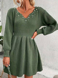 Yooulike Women V-Neck Beaded Decorated Lantern Sleeve Elegant Chic Sweater Dress