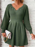 Yooulike Women V-Neck Beaded Decorated Lantern Sleeve Elegant Chic Sweater Dress