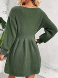 Yooulike Women V-Neck Beaded Decorated Lantern Sleeve Elegant Chic Sweater Dress