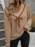 Yooulike Women Bowknot Lace Up V-Neck Long Sleeve Elegant Casual Sweet Chic Sweaters Fall