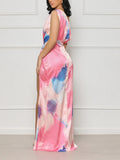 Yooulike Pink-Blue Tie Dye Satin Ruched Gradient Color Side Slit Backless Oblique Shoulder Elegant Fashion Evening Party Maxi Dress