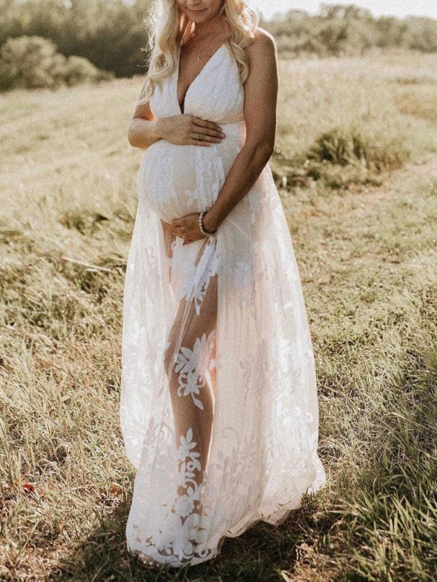 navy blue dress for baby girl Momyknows White Floral Cut Out Off Shoulder Backless Cami Big Swing Elegant  Vacation Maternity Hobo Photoshoot Baby Shower Maxi Dress