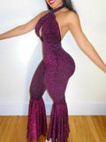 Yooulike Disco Selena Halter Neck Backless Outfits Flare Party Long Jumpsuit