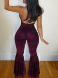 Yooulike Disco Selena Halter Neck Backless Outfits Flare Party Long Jumpsuit