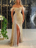 Yooulike Sequins Bandeau Feather Slit With Belt Mermaid Formal Party Evening Maix Long Dresses