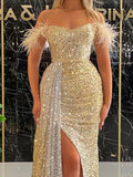 Yooulike Sequins Bandeau Feather Slit With Belt Mermaid Formal Party Evening Maix Long Dresses