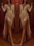 Yooulike Golden Glitter Tassel Slit Irregular Bodycon Elegant Maxi Dress