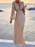 Yooulike Champagne Sparkly V Neck Solid Long Sleeve Elegant Maxi Evening Dress