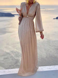 Yooulike Champagne Sparkly V Neck Solid Long Sleeve Elegant Maxi Evening Dress