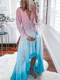 Yooulike Pink Blue Gender Reveal Party Ombre Ruffle Falbala Low-high V-Neck Long Sleeve Maternity Maxi Dress