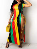 Yooulike Striped Side Slit Plus Size Beach Holiday Jamaica Reggae Rasta Maxi Dress