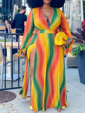 Yooulike Rianbow Striped Double Slit Jamaica 70S Theme Plus Size Bohemain Maxi Dress