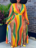 Yooulike Rianbow Striped Double Slit Jamaica 70S Theme Plus Size Bohemain Maxi Dress