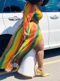 Yooulike Rianbow Striped Double Slit Jamaica 70S Theme Plus Size Bohemain Maxi Dress