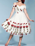 Yooulike Embroidery Marilyn Monroe Off Shoulder Mexican Tulle Skater Party Midi Dress