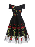 Yooulike Embroidery Marilyn Monroe Off Shoulder Mexican Tulle Skater Party Midi Dress