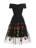 Yooulike Embroidery Marilyn Monroe Off Shoulder Mexican Tulle Skater Party Midi Dress