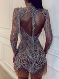 Yooulike Silver Tassel Sequin Bodycon Backless High Neck Clubwear Mini Dress