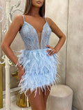 Yooulike Homecoming Dress With Feather Spaghetti Strap Deep V-neck Elegant Cocktail Mini Dress