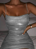 Yooulike Sequin Rhinestone Spaghetti Strap Bodycon Party Club Homecoming Mini Dress