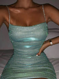 Yooulike Sequin Rhinestone Spaghetti Strap Bodycon Party Club Homecoming Mini Dress