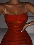 Yooulike Sequin Rhinestone Spaghetti Strap Bodycon Party Club Homecoming Mini Dress