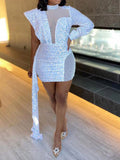 Yooulike Plus Tiffany blue Homecoming Dress Solid Patchwork Irregular Sequin Belt Bodycon Party Mini Dress