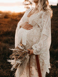 Yooulike White Boho Lace Belt V-Neck Flare Sleeve Elbow Sleeve Elegant Babyshower Party Beach Photo shooting Maternity Maxi Dress