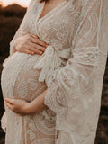 Yooulike White Boho Lace Belt V-Neck Flare Sleeve Elbow Sleeve Elegant Babyshower Party Beach Photo shooting Maternity Maxi Dress